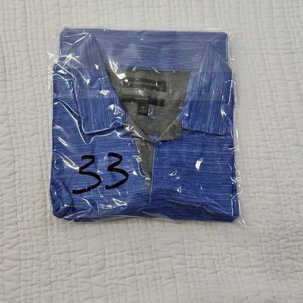 Banana Republic Polo Tennis Golf Shirt Men's M Navy Blue Chambray EUC LN Std Fit